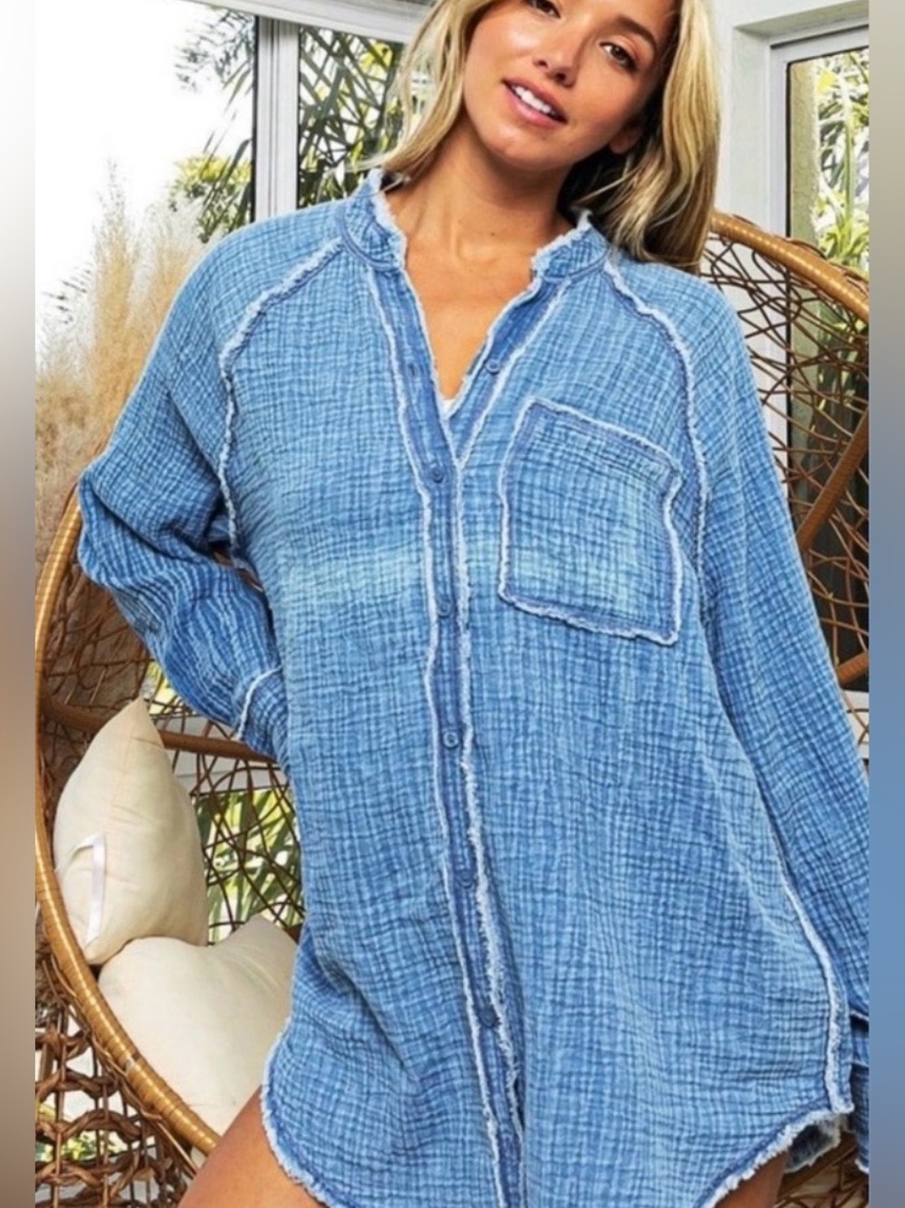 AERIE Pool to Party Indigo Blue Gauze Shirt Size Small